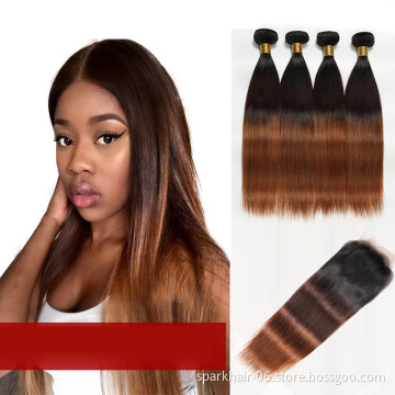 SPARK 1B/4/30 Ombre Brazilian Hair Straight Bundles with Closure Black to Dark Brown Silky Straight Virgin Human Hair